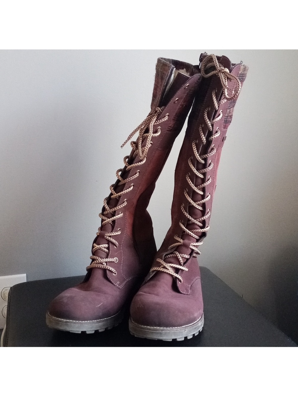 Rieker Tall Lace-Up Boots in Burgundy with Contrast Laces